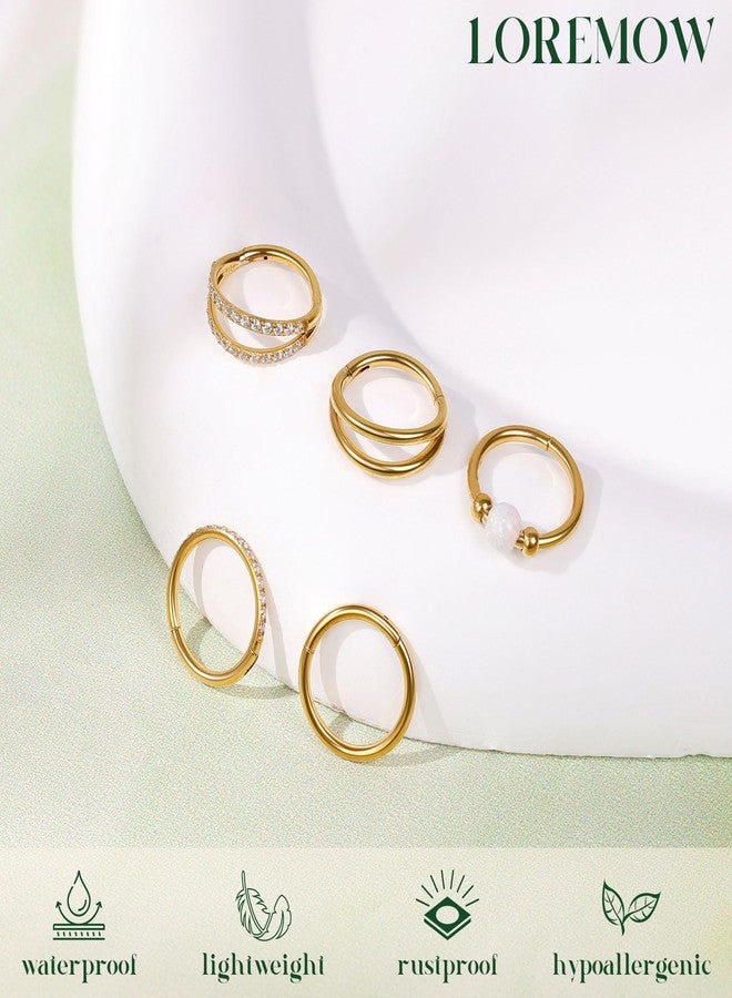 LOREMOW 5PCS 18G Clicker Nose Ring Hoops for Women Men Hinged Double Cartilage Nose Hoop Surgical Steel Tragus Helix Rook Opal CZ Septum Lip Ring Hoop Earrings Nose Piercing Jewelry Gold 8MM - Image 3
